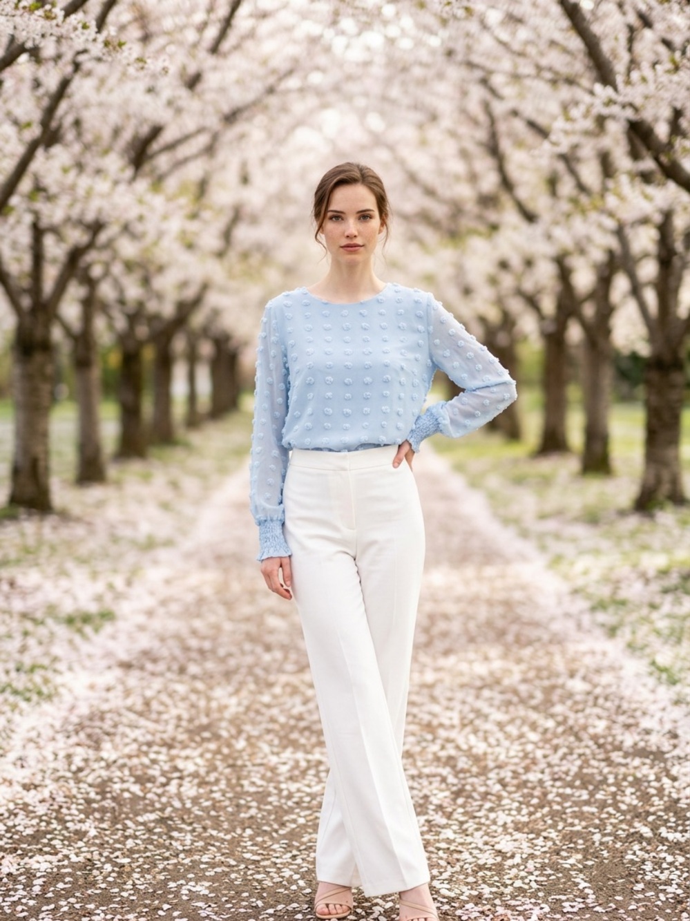 Blooming Jelly Light Blue Swiss Dot Long-Sleeve Blouse Size M